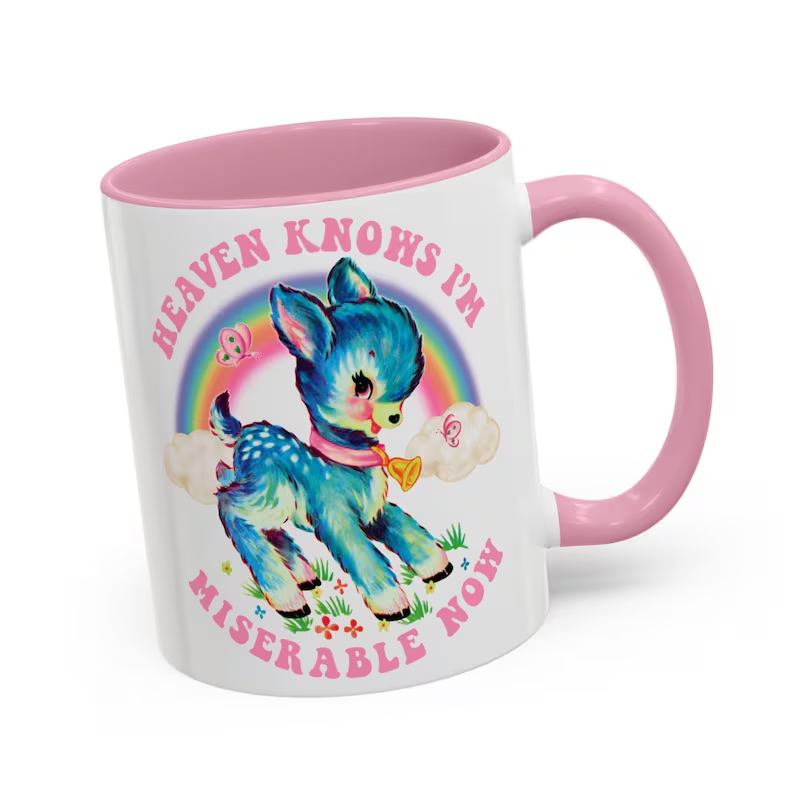 Cute Retro Heaven Knows I'm Miserable Now Mug - Vintage The Smiths Kitschy Deer Coffee Cup