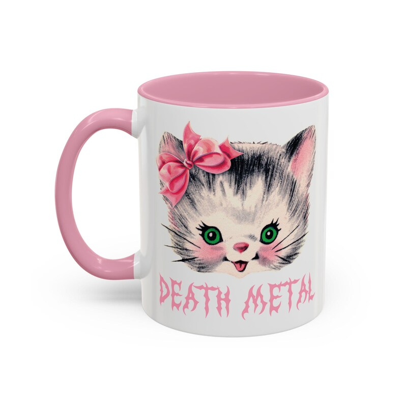 Cute Kitty Death Metal Mug - Vintage Kitschy Heavy Metal Cat Coffee Cup