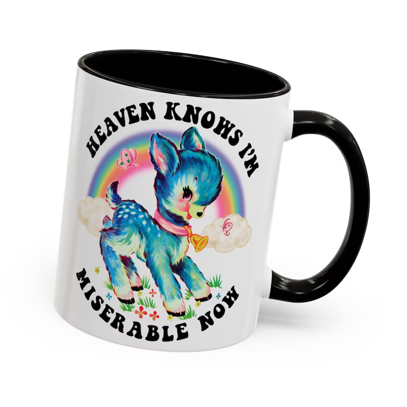 Cute Retro Help the Heaven Knows I'm Miserable Now Mug - Vintage The Smiths Kitschy Deer Coffee Cup